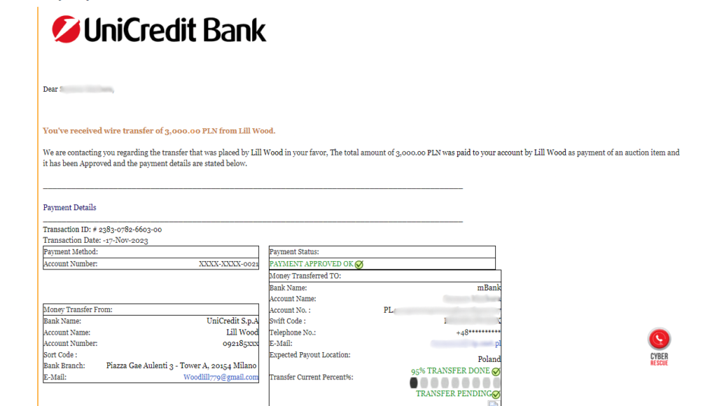 Zrzut przedstawia maila, podszywającego się pod UniCreditBank