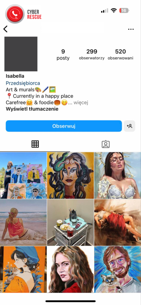 Oszustwo na Instagramie - wiadomość od artysty
